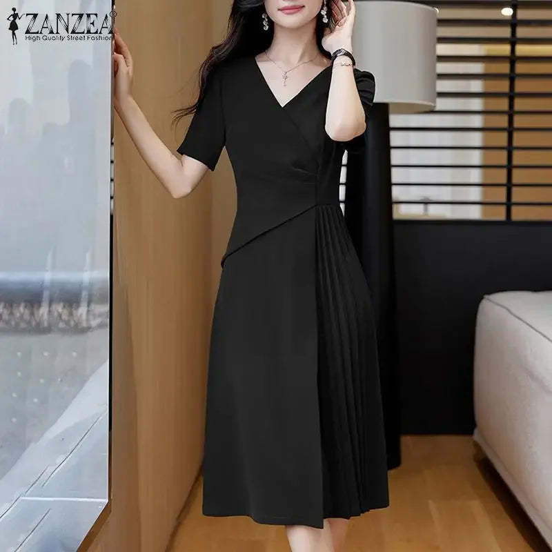 Summer Women Elegant OL Work Sundress V Nek Party Dress 2024 ZANZEA Fashion Short Sleeve Robe Femme Solid Pleated Midi Vestidos