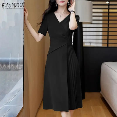 Summer Women Elegant OL Work Sundress V Nek Party Dress 2024 ZANZEA Fashion Short Sleeve Robe Femme Solid Pleated Midi Vestidos