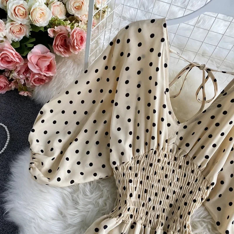 V Neck Sexy Dolman Sleeves Waist Slim Polka Dot Print Jumpsuit Women Wide Leg Trousers Jumpsuit
