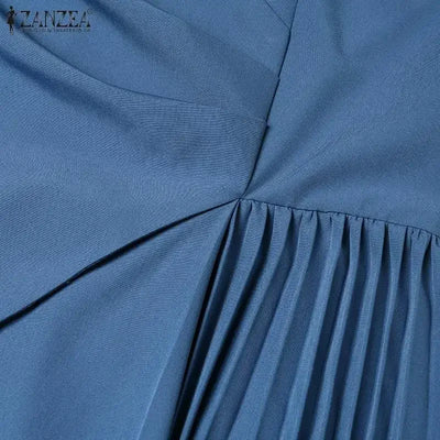 Summer Women Elegant OL Work Sundress V Nek Party Dress 2024 ZANZEA Fashion Short Sleeve Robe Femme Solid Pleated Midi Vestidos