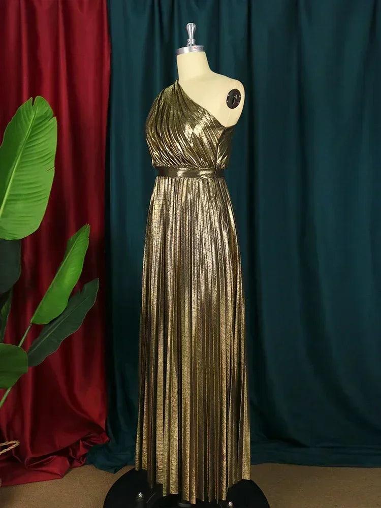 Elegant women even dresses luxury maxi long metallic pleated dress one shoulder sleeveless premium shiny shimmer gowns