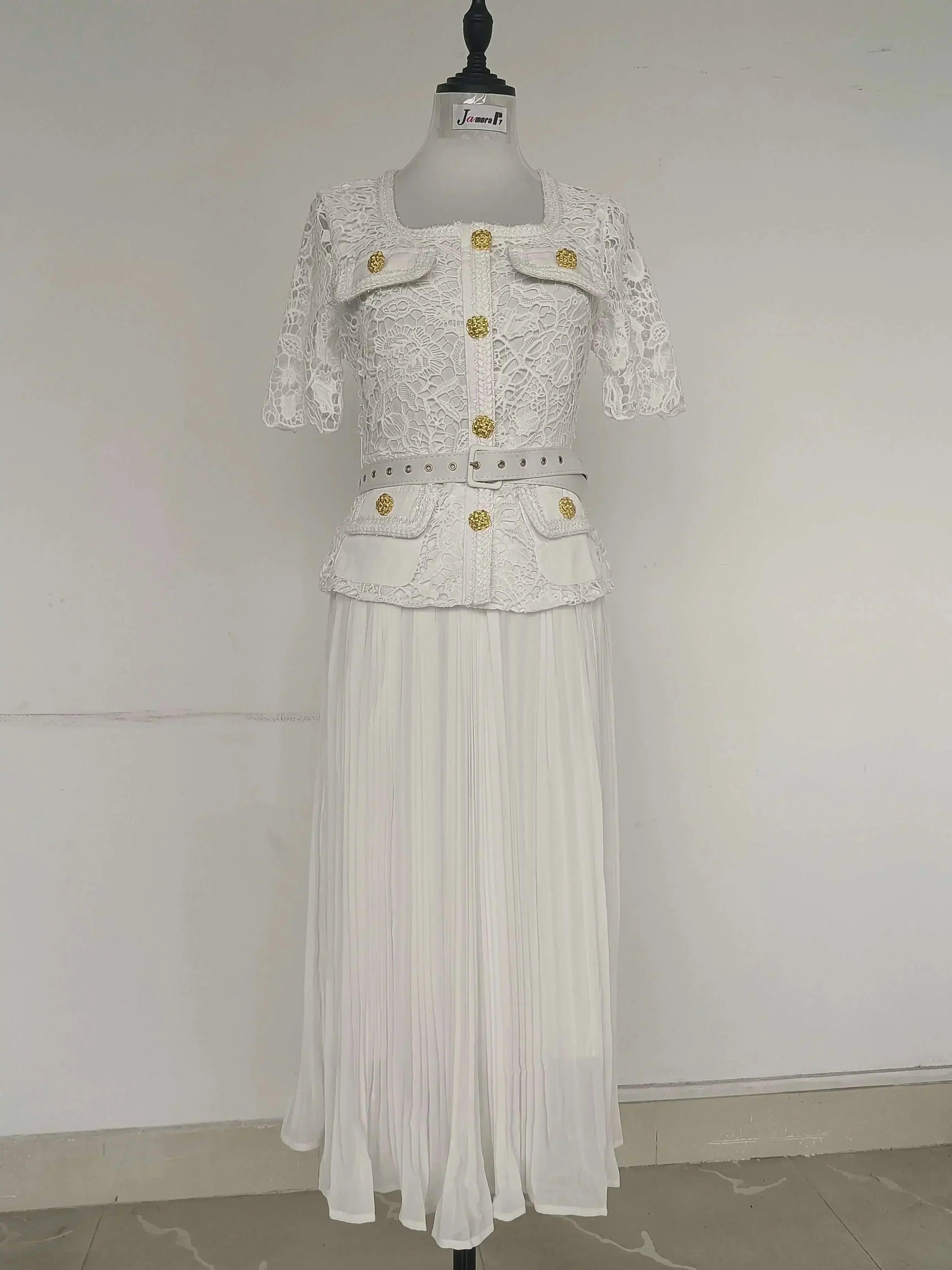Luxury evening dress women summer vacation short sleeve pleated lace chiffon long dresses white single breasted midi