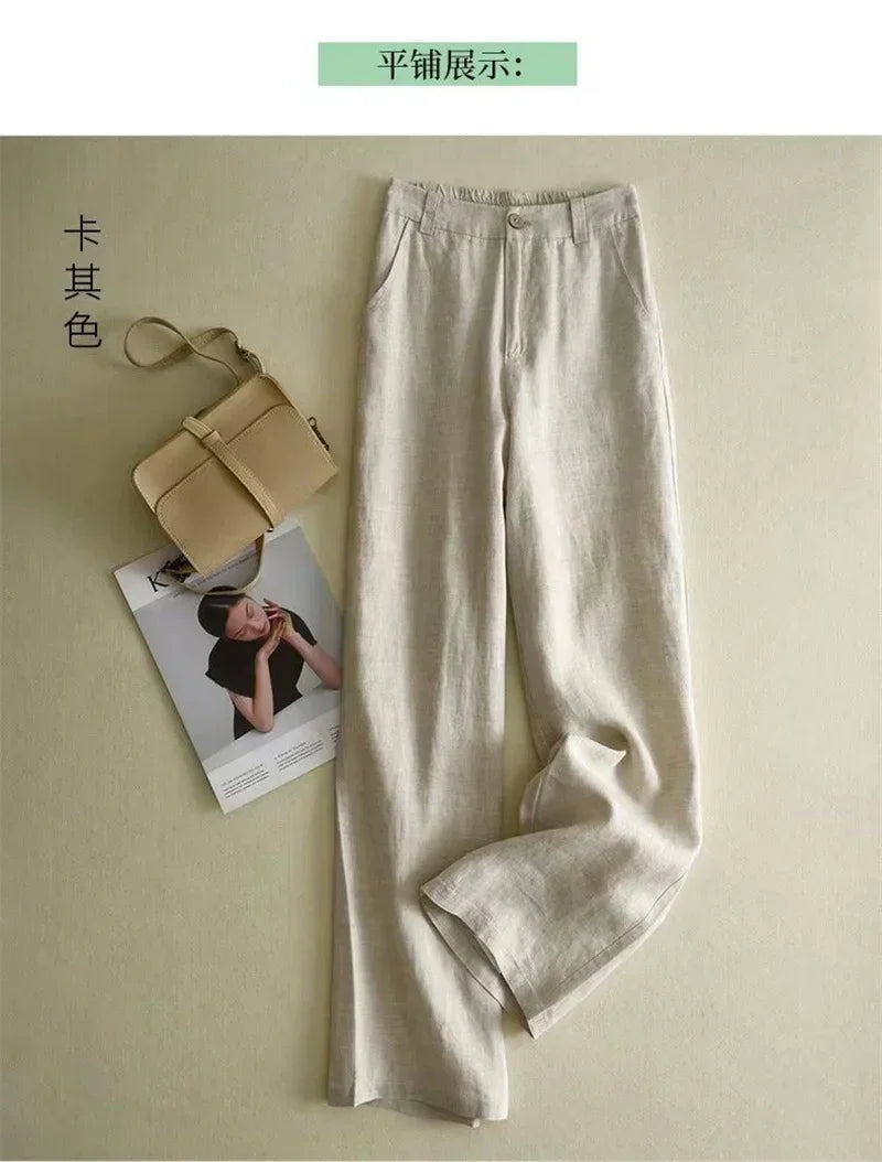 Women's Cotton Linen Straight Trousers Elastic High Waist Wild Wide Leg Pants Female Spring Summer Solid Color Loose Linen Pants