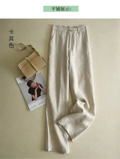 Women's Cotton Linen Straight Trousers Elastic High Waist Wild Wide Leg Pants Female Spring Summer Solid Color Loose Linen Pants