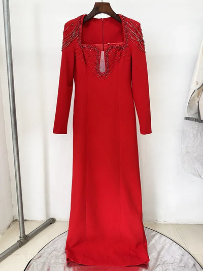 HIGH QUALITY Newest 2025 Designer Women's Slim Diamonds Beaded Long Sleeve Maxi Long Evening Dress