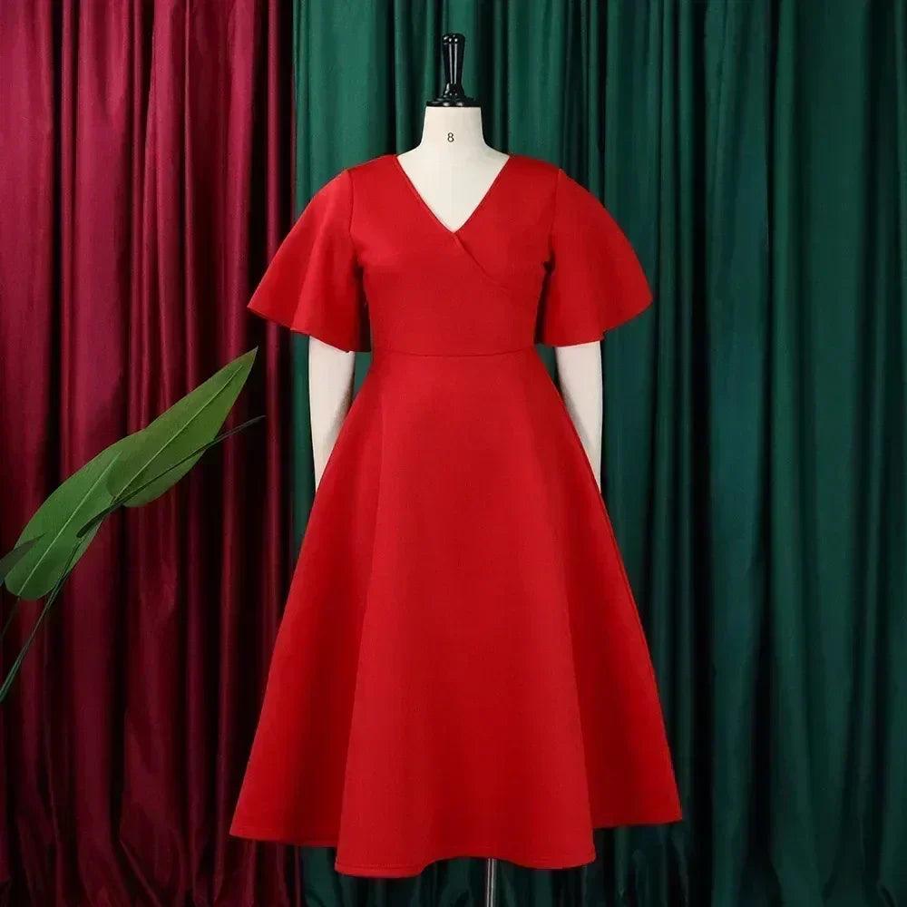 Elegant party dresses for women v neck ruffles sleeve high waisted pleated mid calf luxury birthday dinner vestidos