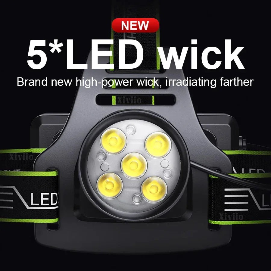 Super Portable Rechargeable Headlamp 5LED Fixed Focus Headlight Waterproof Outdoor Camping Fishing Mountaineering Work Head Lamp
