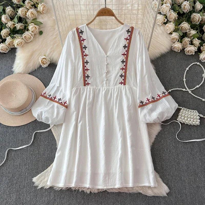 European American Style Women's New Cotton Linen 2024 Fashionable Lace Up Waist Slimming Patchwork Embroidered Short Dress A132