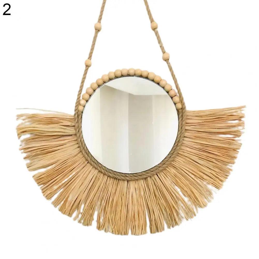 Home decor hanging mirror raffia wood beads acrylic multifunct decorative decorations bedroom wall room