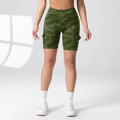 Camouflage Printed Women Shorts with 4 Pockets High Waist Butt Lifting Workout Tights Elastic Breathable Outdoor Running Shorts
