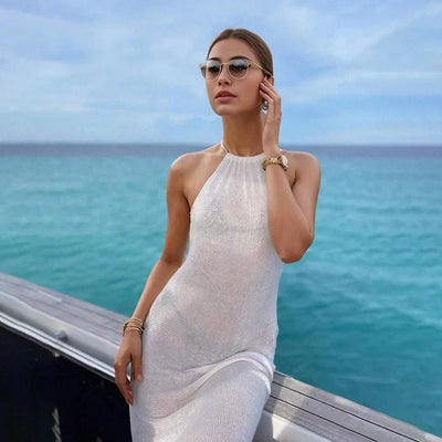 2025 Knitted Cover Up Beach Sexy See-through Long Slit Slim Dress Summer Bikini Cover Up Elegant Halter Neck Beach Skirt