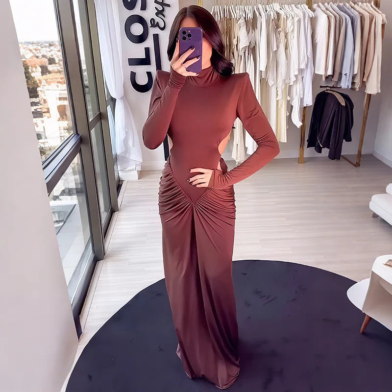 Autumn Winter Turtleneck Dress for Women Sexy Backless Slim Maxi Evening Party Dresses Fashion Ruched Long Sleeve Dress 2025