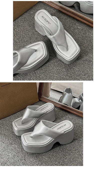 Women's Summer Outdoor Platform Sandals Flip Flops High Heel Thi Bot Clog oes Heightening Slippers Korean Sle PU Mat...