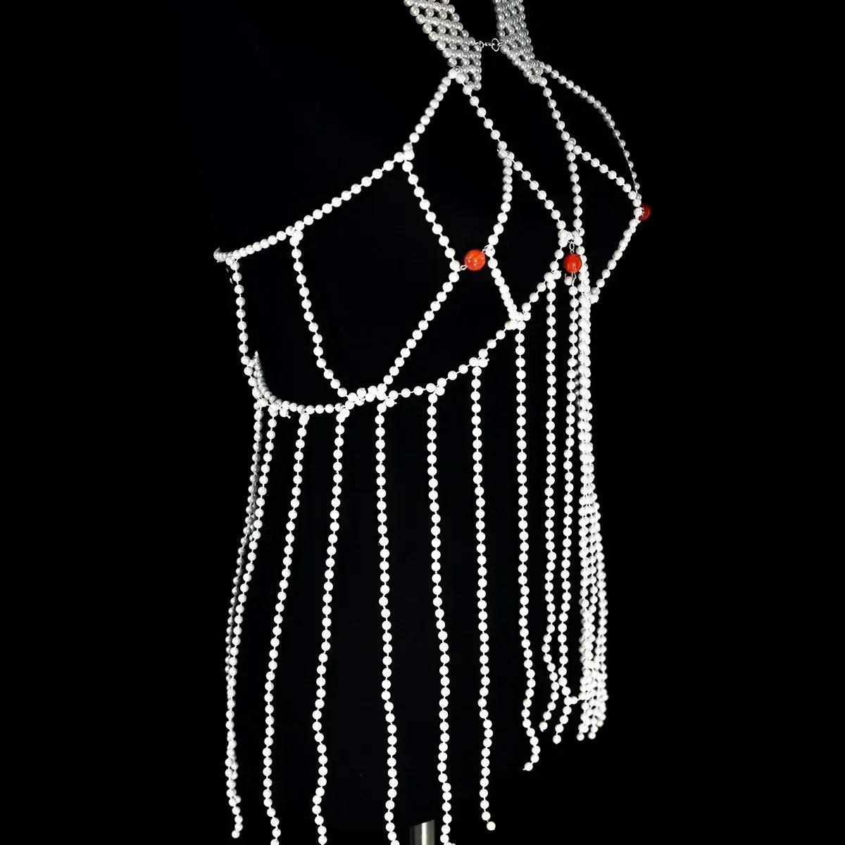 Luxurious a long fringed dress fashion faux pearl women’s body jewelry stage performance outdoor beach party accessories