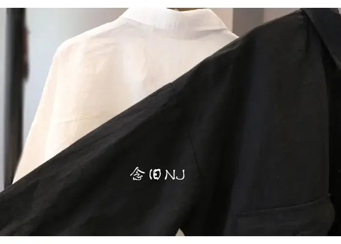 Cotton Linen Women Medium-Length White Polo Shirt