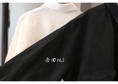 Cotton Linen Women Medium-Length White Polo Shirt