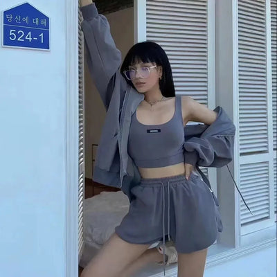 Shorts Three 3 Piece Sets Women Casual Vest Drawstring Short Hooded Zipper Jacket Sportswear Suits Y2k Streetwear Sports Hoodies