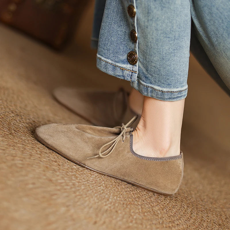 2025 New Women Suede Shoes Fashion Round Toe Lace-up Loafers Flats Ladies Loafers Female Casual Trainers Street Fashion Flats