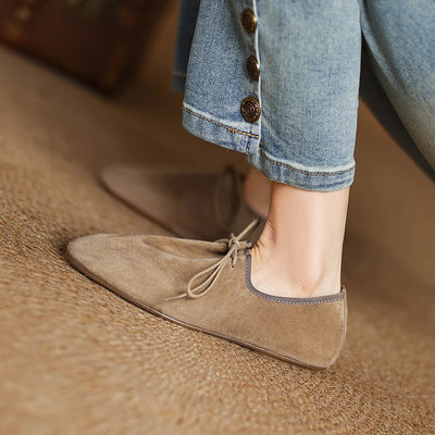 2025 New Women Suede Shoes Fashion Round Toe Lace-up Loafers Flats Ladies Loafers Female Casual Trainers Street Fashion Flats