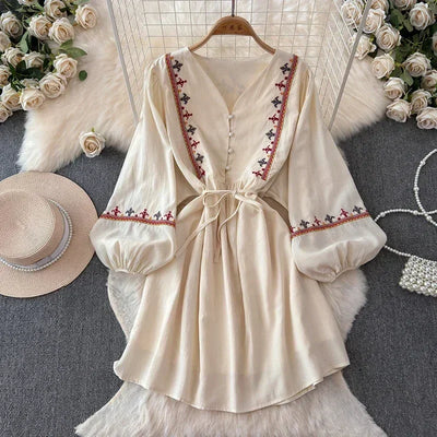European American Style Women's New Cotton Linen 2024 Fashionable Lace Up Waist Slimming Patchwork Embroidered Short Dress A132