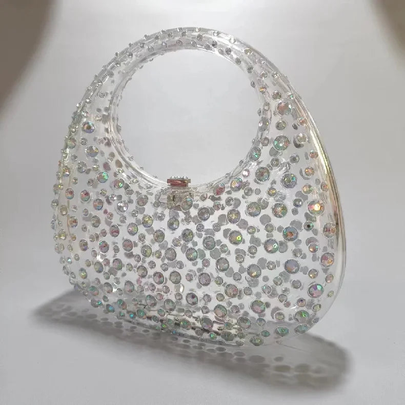 Diamond Women Bags Luxury Designer Handbags Rhinestones Box Transparent Acrylic Clutch Dresses Crescent Shoulder Crossbody Bag
