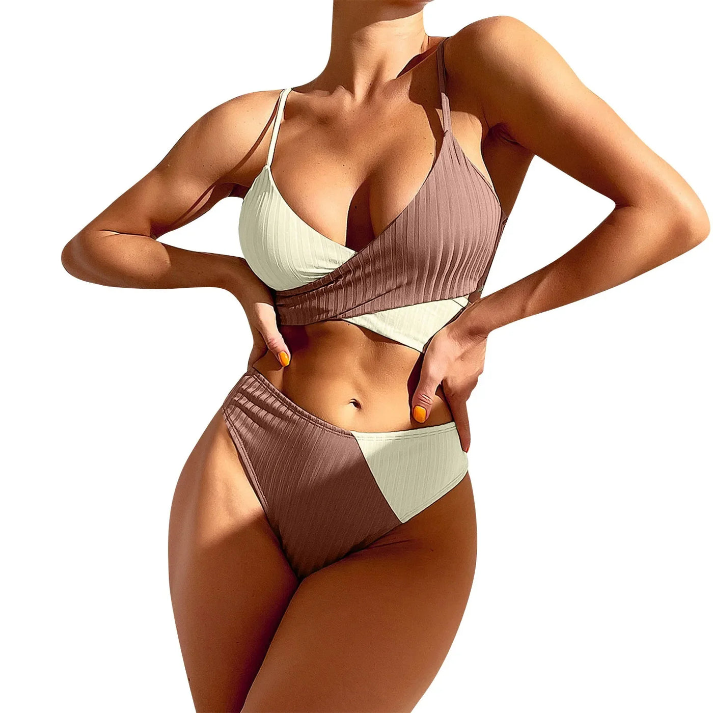 Summer Ladies Sexy High Waist Print Two Piece Bikini Sets Biquini Women Swimsuit Clothing Set Color Block Mujer Swimwear Suits