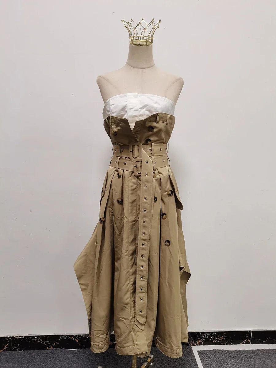 VGH Ameican Retro Irregular Cargo Dresses for Women Strapless Sleeveless High Waist Spliced Double Sashaes Midi Dress Female New