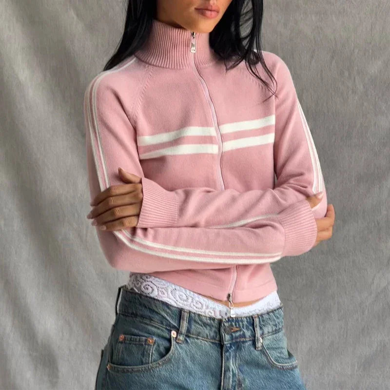Women Workout Knitted Biker Jacket Vintage Striped Print Casual Long Sleeve Zip up Sweater for Outwear Cardigan Y2k Streetwear