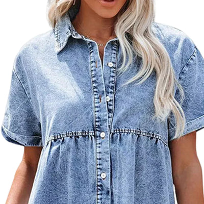Women Babydoll Dress Stylish Women's A-line Denim Mini Dress with Short Sleeves Button-down Detail for Dating Commuting Parties