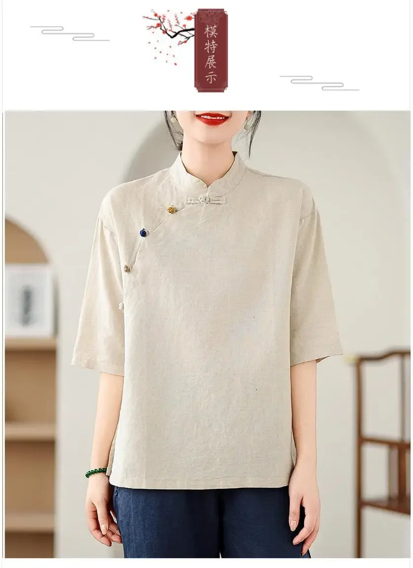 Women's Retro Linen Short-Sleeved Top