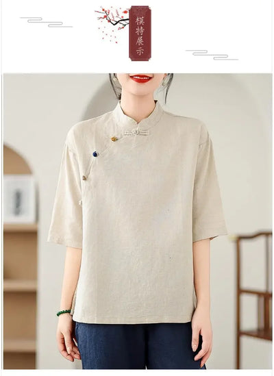 Women's Retro Linen Short-Sleeved Top