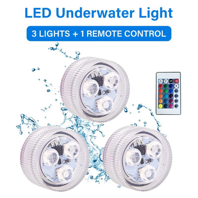 RGB LED Underwater Light With Remote Control Battery Powered 3LEDs Submersible Lamp Waterproof For Swimming Pool Garden Party