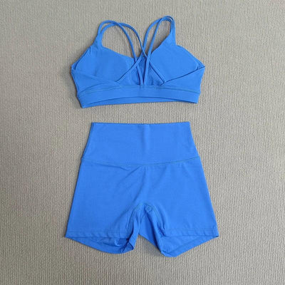 2 Pieces Yoga Set Gym Shorts Sports Set Women Workout Outfit Fitness Suit Cross Straps Bra High Waist Shorts Running Tracksuit