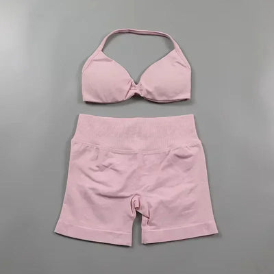 European American Ins 2025 2PCS Yoga Gym Set Women Seamless Yoga Bra High Waist Workout Scrunch Shorts Suit Fitness Sportswear