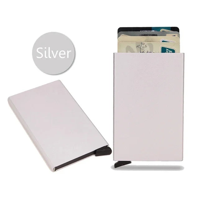 Slim silver metal card holder wallet with black accents and minimalist design