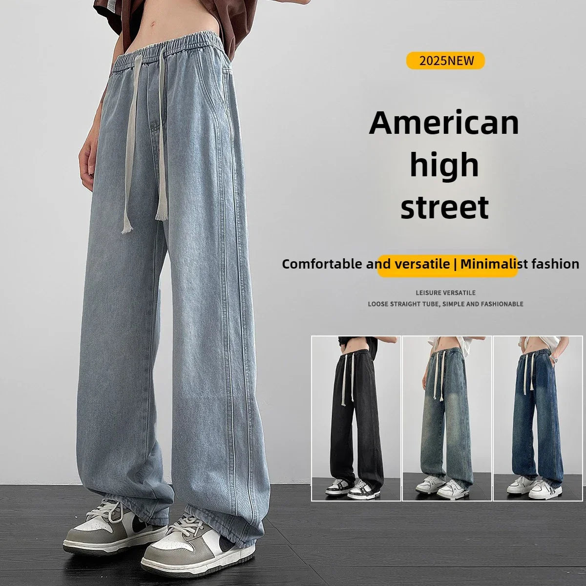Men's denim pants American retro straight leg jeans loose and breathable suitable for daily casual street men's essential items