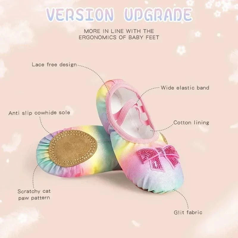 Children's Dance Shoes Girls Ballet Flats Shoes Rainbow Bow Sequins Leather Soft Soled Dance Performance Skate Sport Yoga Shoes