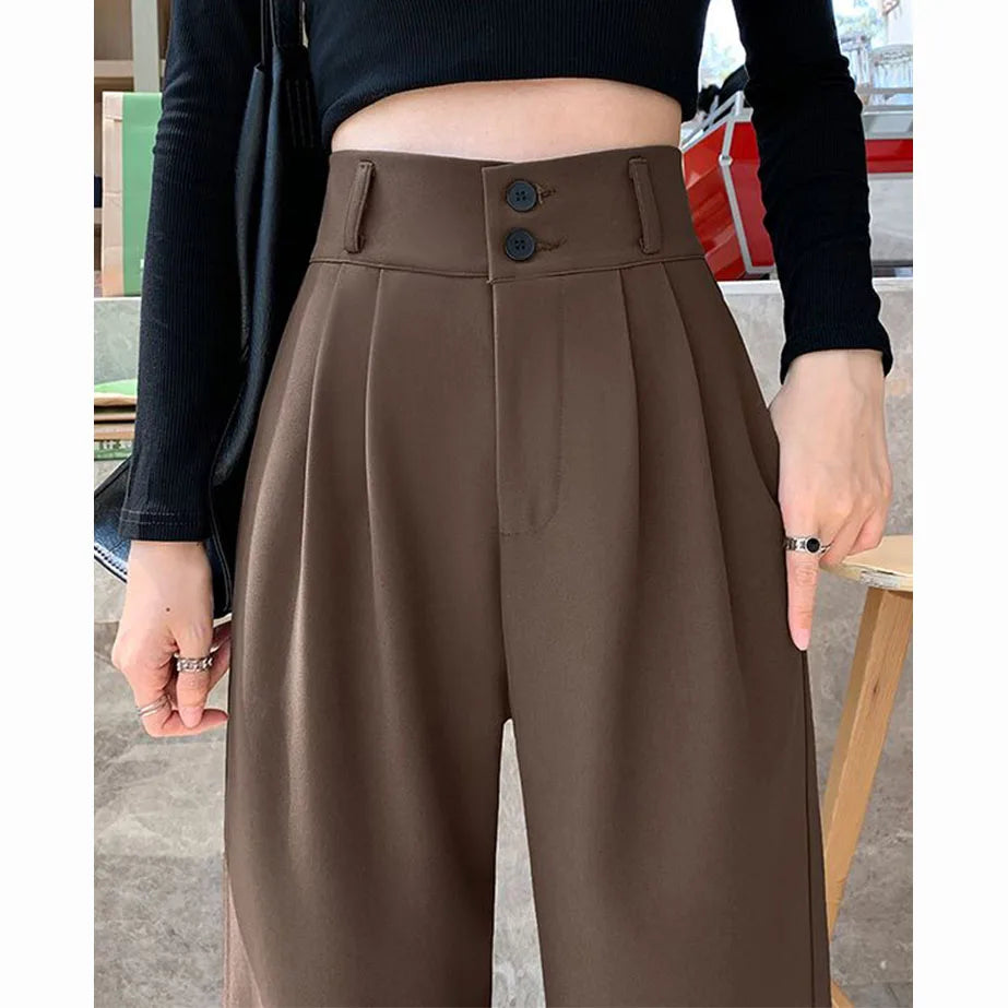 High Waist Wide Leg Pants for Women New Loose Straight Coffee Trousers Autumn Double Buttons Casual Suit Pants Female