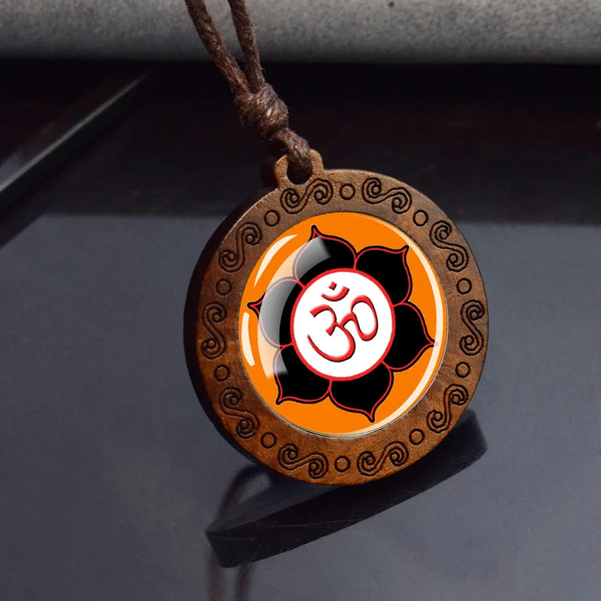 Hinduism Om Symbol Wood Glass Pendant Necklace Yoga Meditation Jewelry