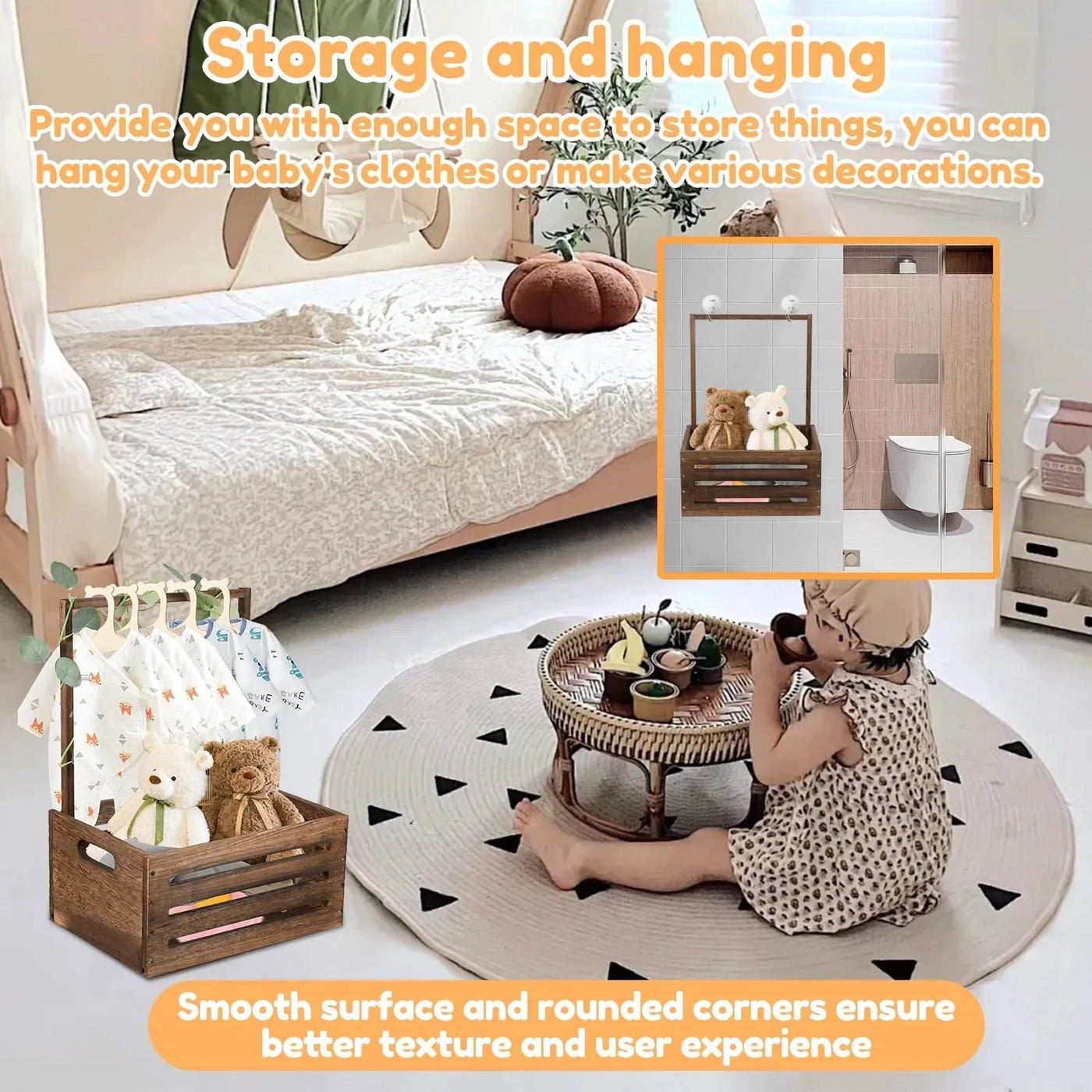 Wood Storage Crate Baby Toys Clothing Organizer Box Children Portable Basket Long Handle Sturdy