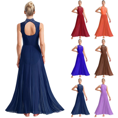 Women Lyrical Contemporary Ballroom Modern Dance Costume Dancing Prom Gown Side Split Maxi Dress for Ballet Gymnastics Skating