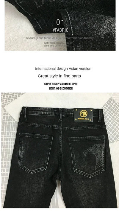 Fashion Original Luxury Boyfriend Black Harajuku Stretch Designer Eagle Printed Cowboy Graphic Jeans for Men Denim Trousers Male