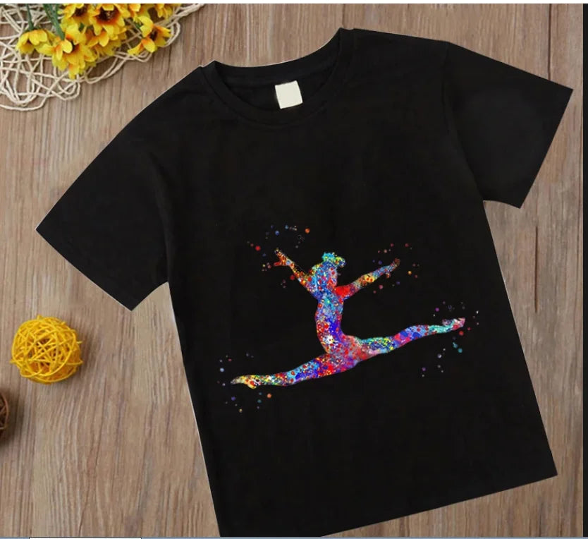 Watercolor Gymnastics Girl Printed Cute Children's T-shirt Children's Black T-shirt Exercise Enthusiast Birthday Gift