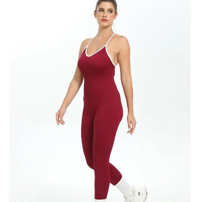 Women Seamless Sports Jumpsuit Ribbed Slim Running  Bodysuit Gym Workout Sportswear Fashion Color Block High Elastic Yoga Suit