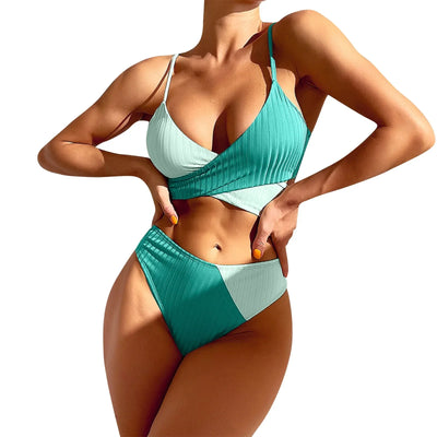 Summer Ladies Sexy High Waist Print Two Piece Bikini Sets Biquini Women Swimsuit Clothing Set Color Block Mujer Swimwear Suits