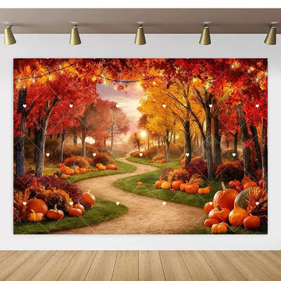 Autumn Thanksgiving Party Photo Backdrop Farm Harvest Maple Leaves Sunflowers Scarecrow Pumpkin Backdrop Poster Studio Photozone