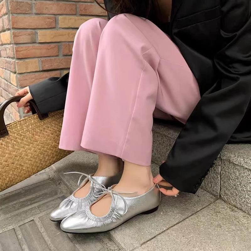 Women ballet leather narrow band flat shoes bling silver gold footwear