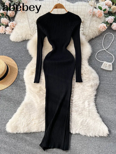 Women Autumn Knitted Dress O Neck Sexy Slim Elastic Oversized Basic Bodycon Long Dress Winter knit Warm Sweater Dresses