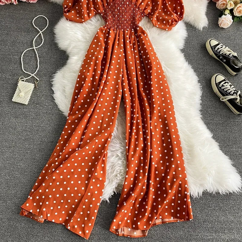 V Neck Sexy Dolman Sleeves Waist Slim Polka Dot Print Jumpsuit Women Wide Leg Trousers Jumpsuit