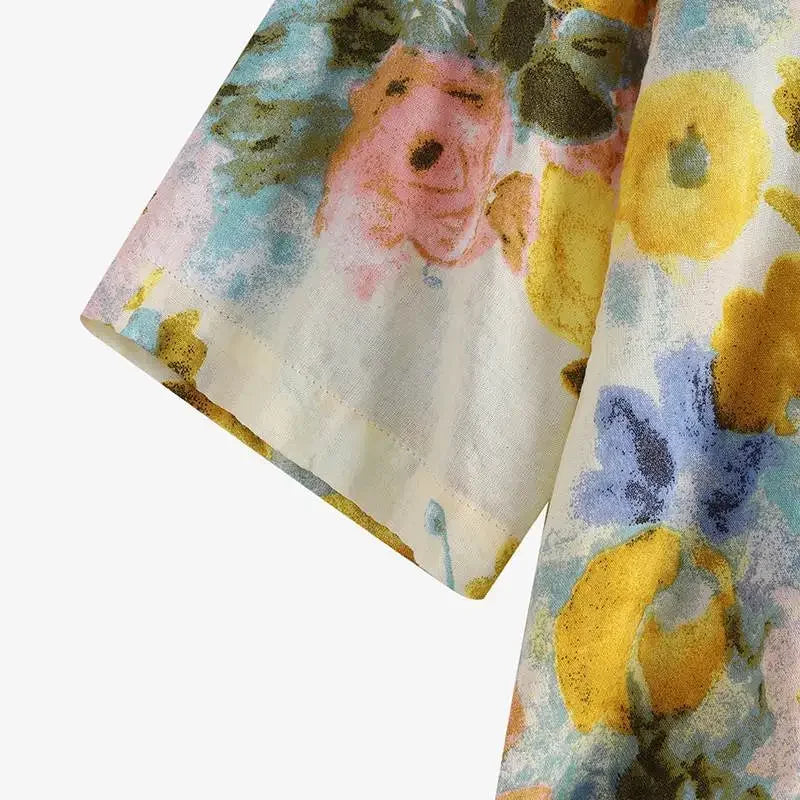 Women's Linen Bohemian Floral Printed  3/4 Sleeve O-Neck Top